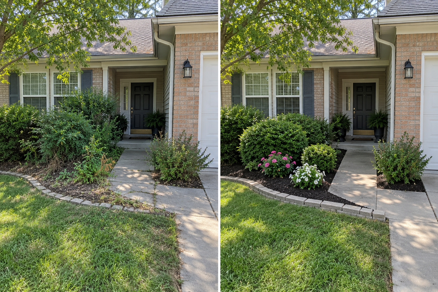 Before and after views of the same front-yard landscaping project